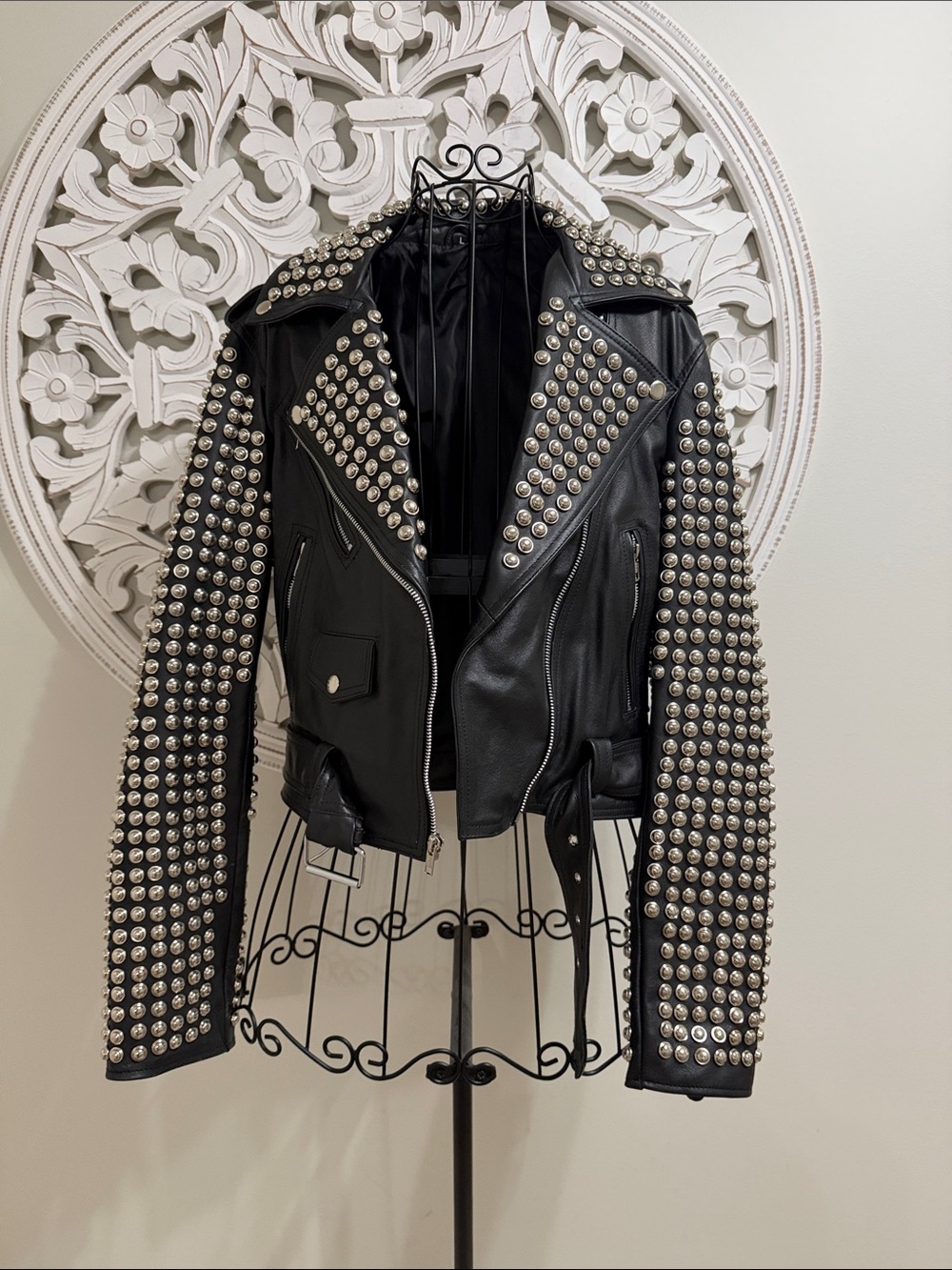 Black Studded Leather Biker Jacket - Women's